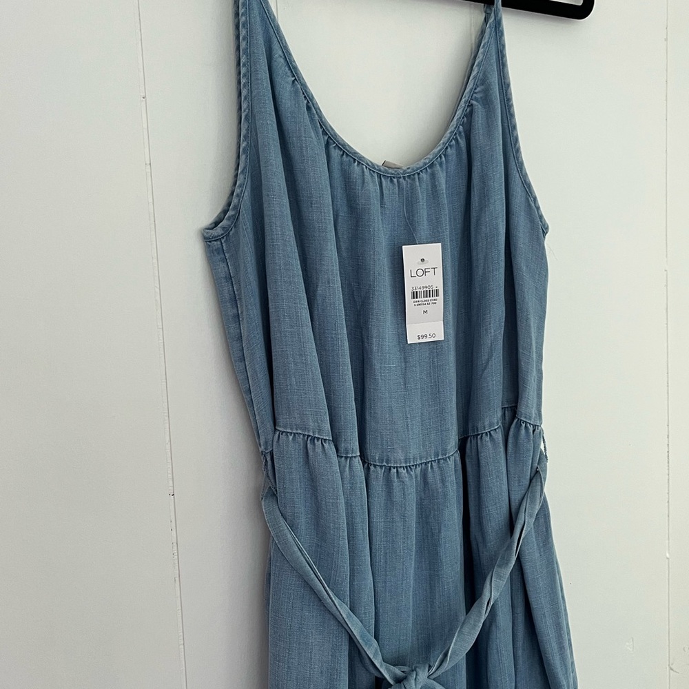 NEW LOFT Linen Lyocell Chambray Tiered Belted Swing Midi Dress Size Medium - Picture 8 of 13